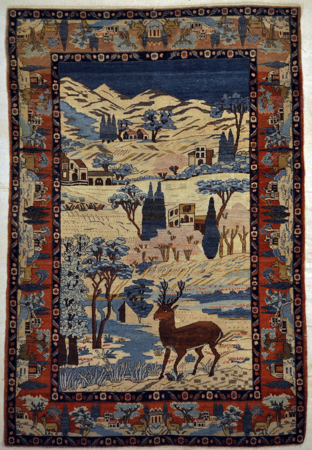 Unique Antique pictoral Kashan Circa 1870 with winter landscape and deers 30061