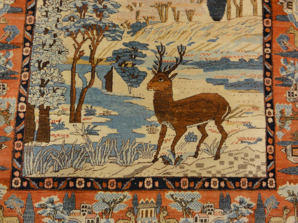 Unique Antique pictoral Kashan Circa 1870 with winter landscape and deers 30061