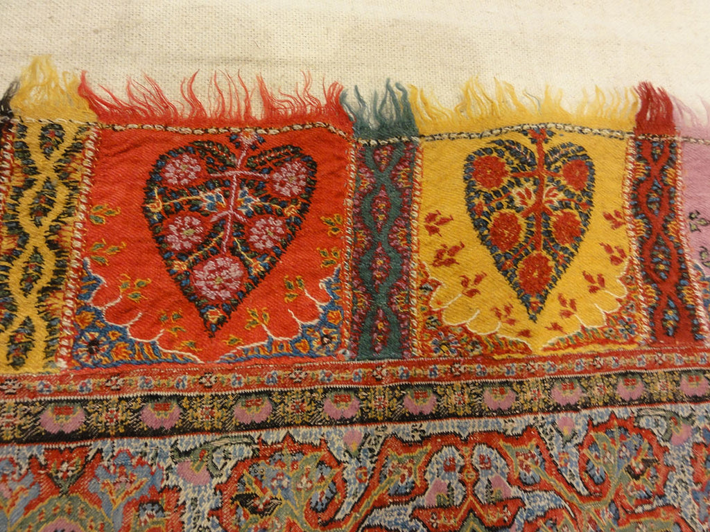 Antique Kashmiri Wool and Silk Pashmina circa 1700s. A piece of woven wool and silk art sold by Santa Barbara Design Center Rugs and More in Santa Barbara.