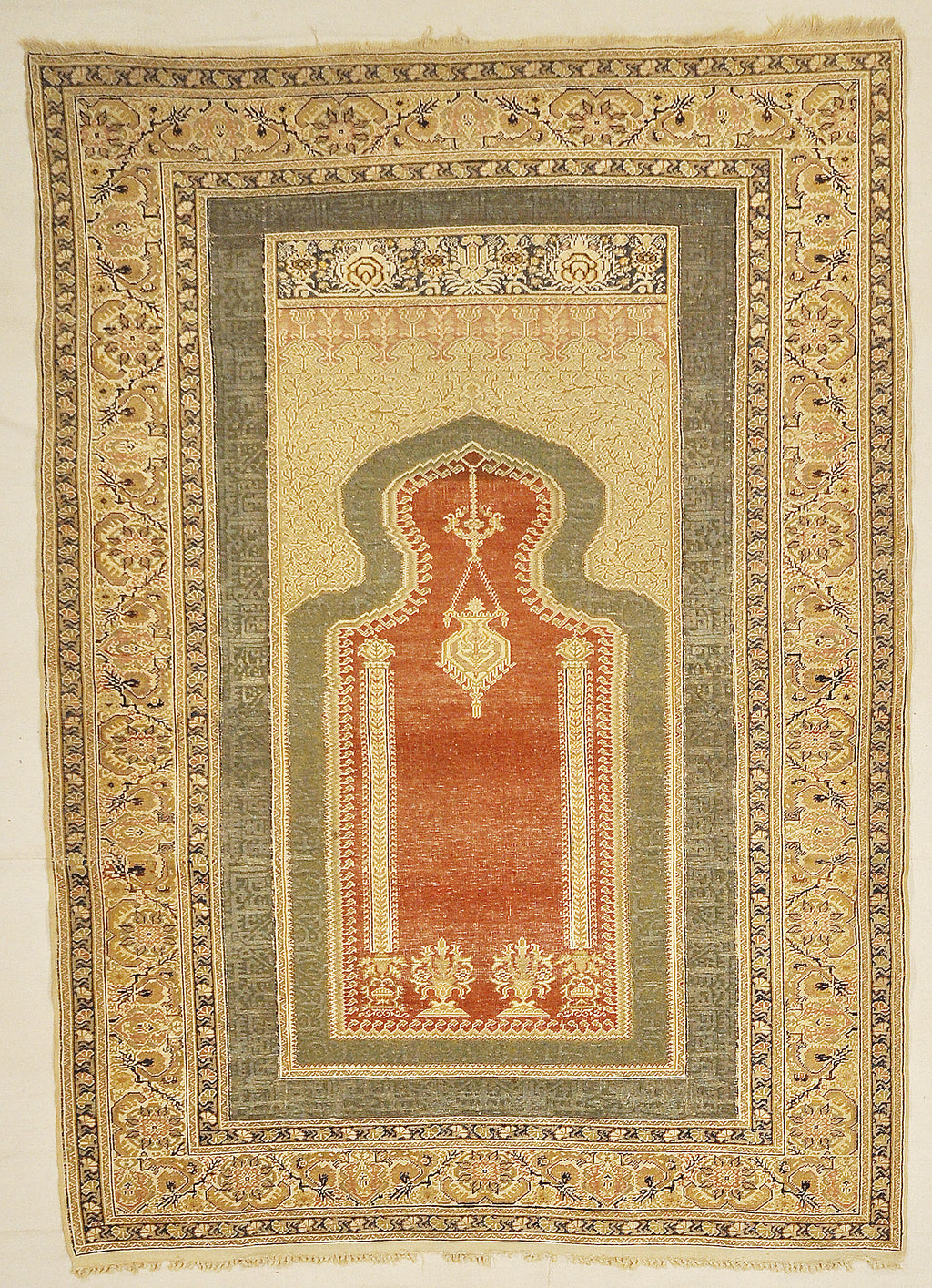 Unique Antique Turkish Silk Prayer Rug with Two Metal Thread Scripts Genuine Authentic Woven Carpet Art Santa Barbara Design Center Rugs and More