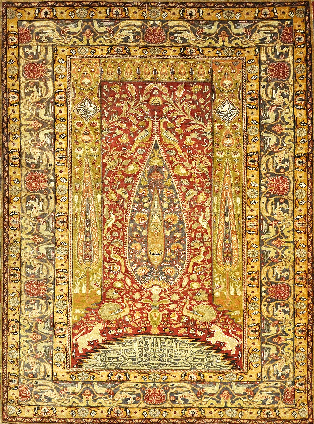 Fine Antique Kayseri Enscribed Tree of Life with Mythical Animals. A piece of authentic woven carpet art sold by Santa Barbara Design Center, Rugs and More.