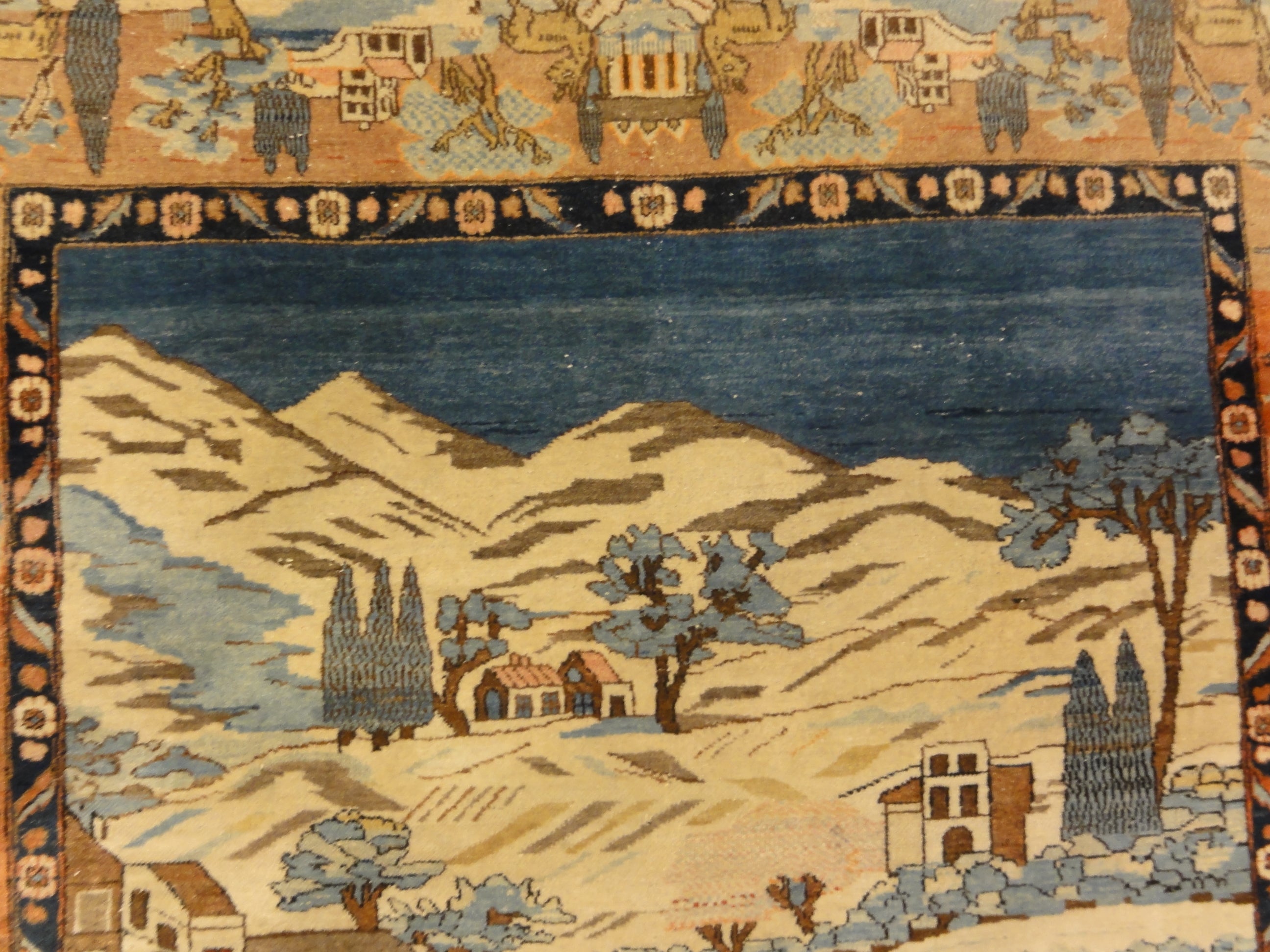 Unique Antique pictoral Kashan Circa 1870 with winter landscape and deers 30061