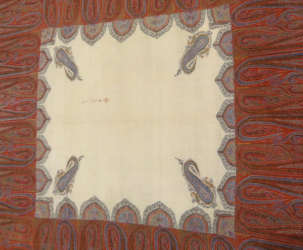 Antique Kashmiri Wool and Silk Pashmina circa 1700s. A piece of woven wool and silk art sold by Santa Barbara Design Center Rugs and More in Santa Barbara.