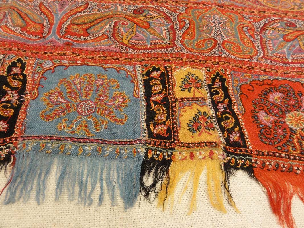 Antique Finest 1700s Persian Pashmina Kashmiri Shawl. Antique woven carpet art sold by Santa Barbara Design Center Rugs and More in Santa Barbara California