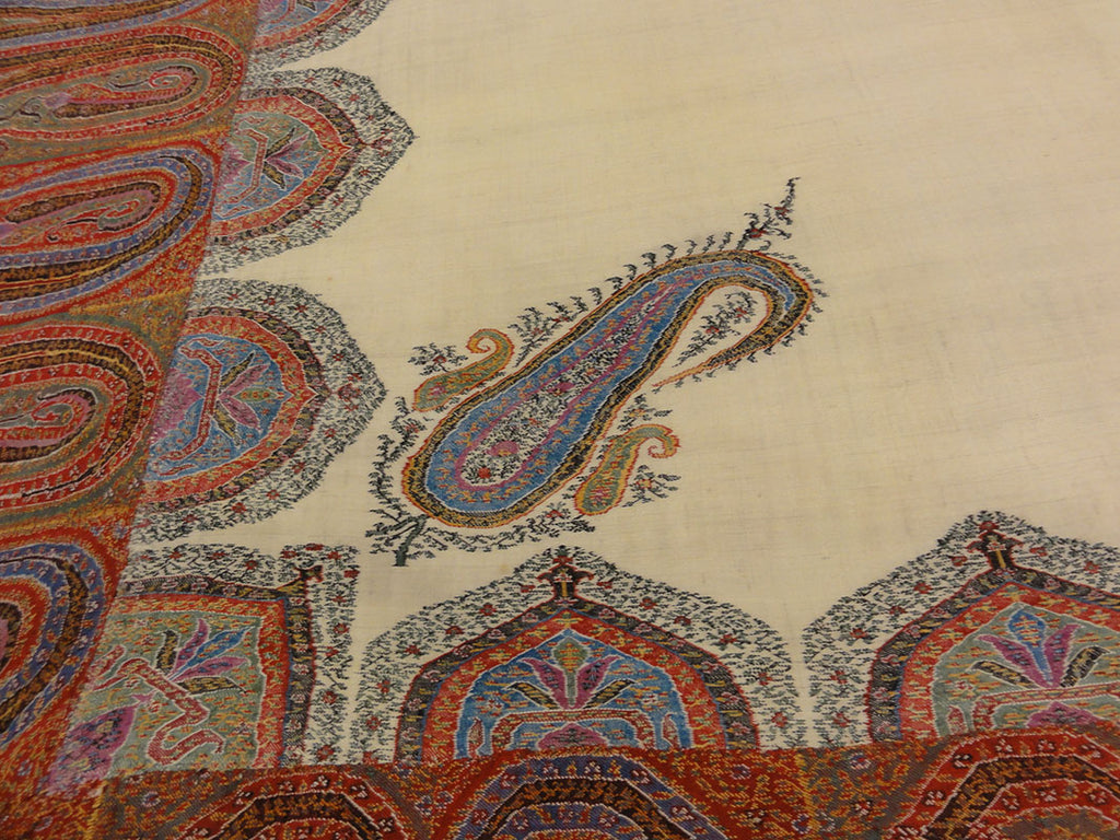 Antique Kashmiri Wool and Silk Pashmina circa 1700s. A piece of woven wool and silk art sold by Santa Barbara Design Center Rugs and More in Santa Barbara.