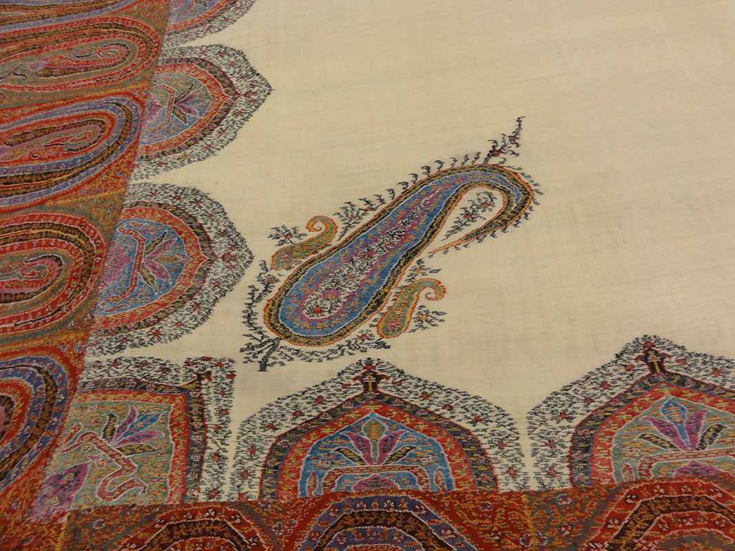 Antique Kashmiri Wool and Silk Pashmina circa 1700s. A piece of woven wool and silk art sold by Santa Barbara Design Center Rugs and More in Santa Barbara.