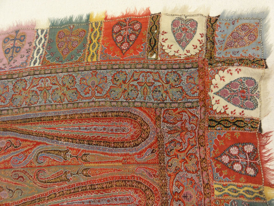 Antique Kashmiri Wool and Silk Pashmina circa 1700s. A piece of woven wool and silk art sold by Santa Barbara Design Center Rugs and More in Santa Barbara.