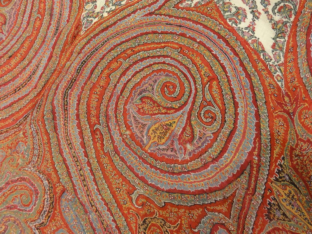 Antique Finest 1700s Persian Pashmina Kashmiri Shawl. Antique woven carpet art sold by Santa Barbara Design Center Rugs and More in Santa Barbara California