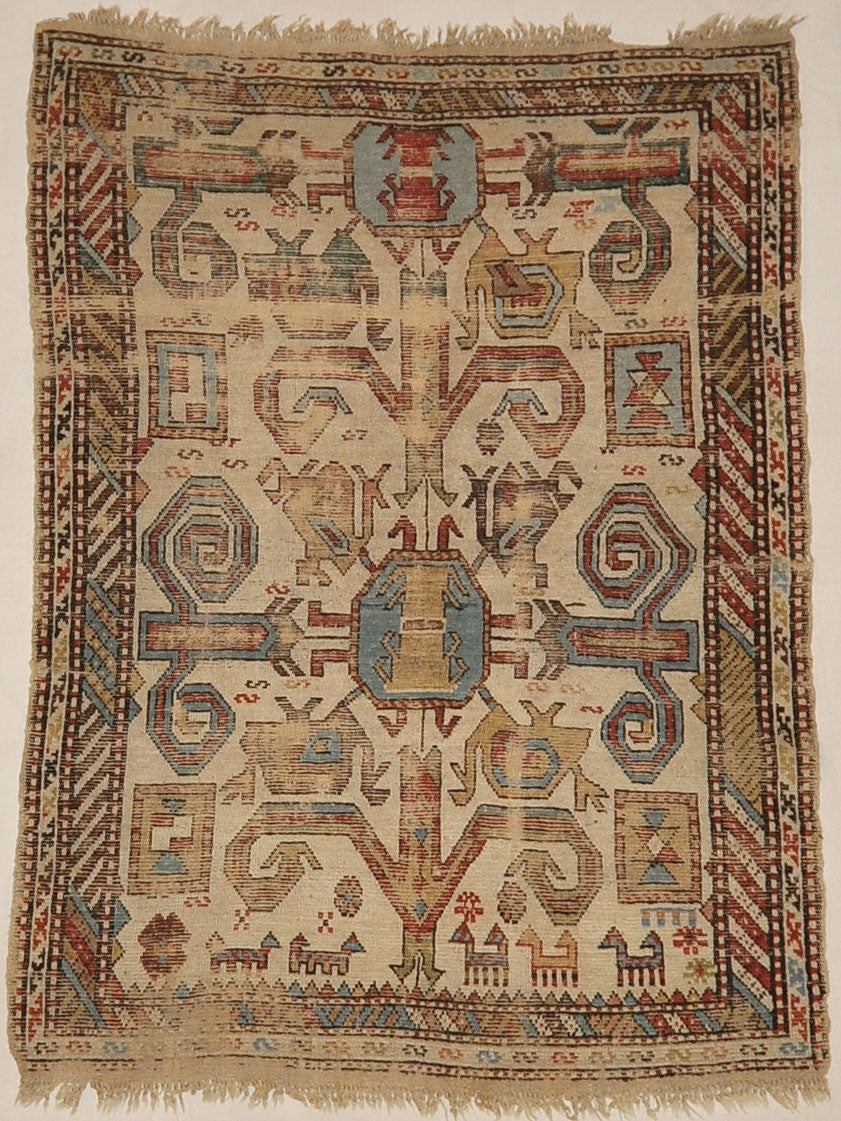 Antique Early Caucasian Proto Northern Kurdish Rug Circa 1700s. A piece of antique woven carpet art sold by Santa Barbara Design Center, Rugs and More.