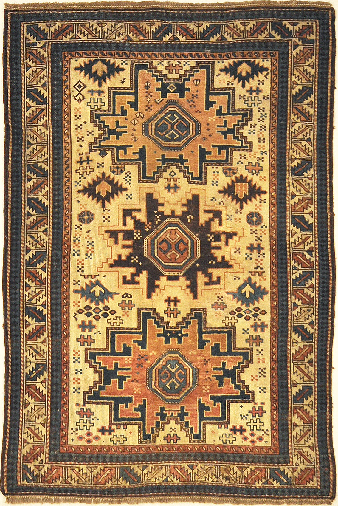 Leshgi Star Rug Circa 1880s. A piece of genuine authentic antique woven carpet art sold by Santa Barbara Design Center, Rugs and More.