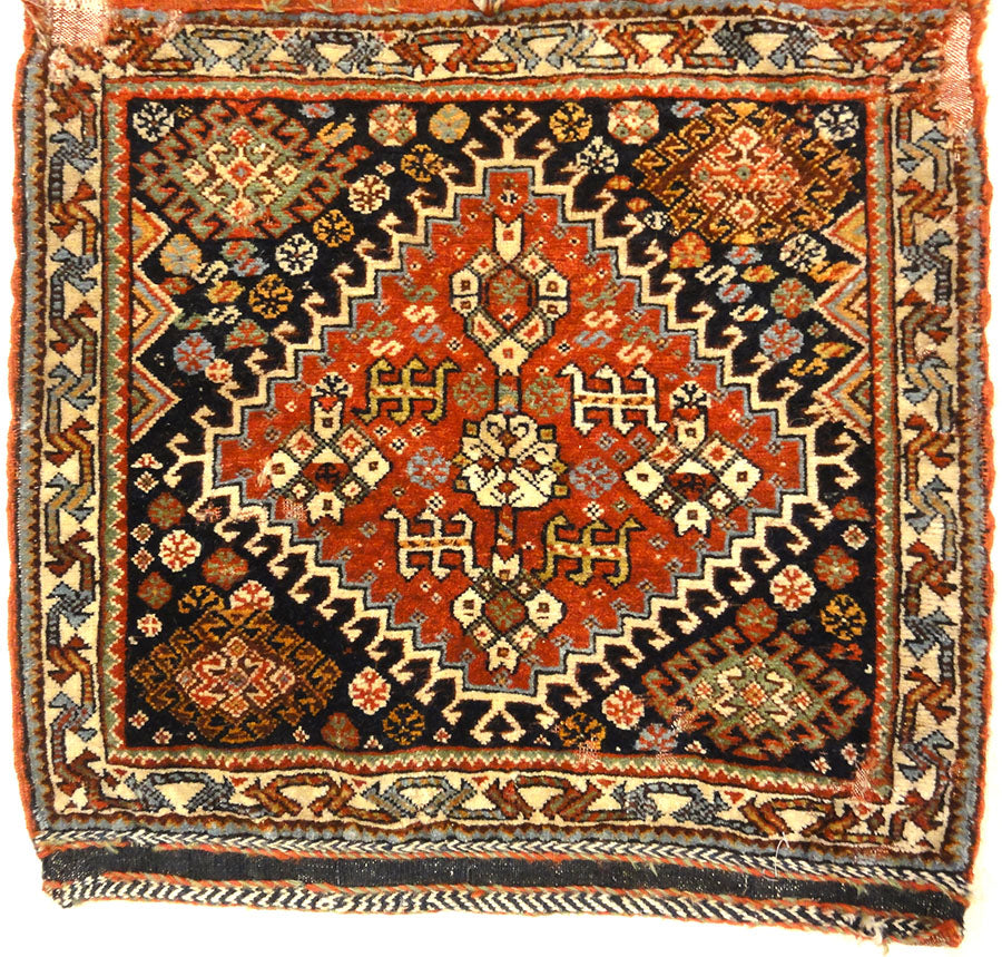 Antique Persian Khamseh Circa 1880. A piece of antique woven carpet art sold by Santa Barbara Design Center, Rugs and More in Santa Barbara, California.