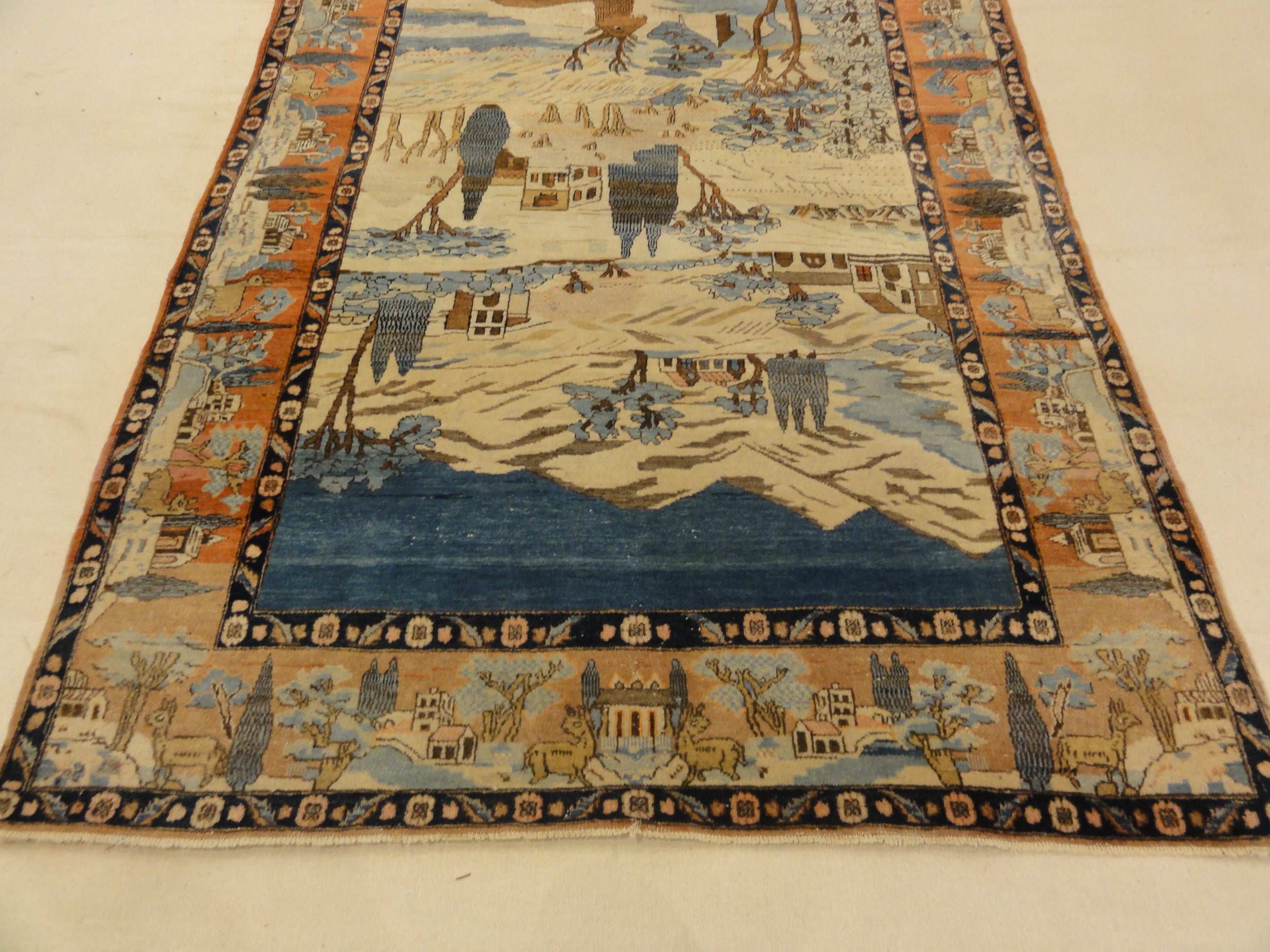 Unique Antique pictoral Kashan Circa 1870 with winter landscape and deers 30061