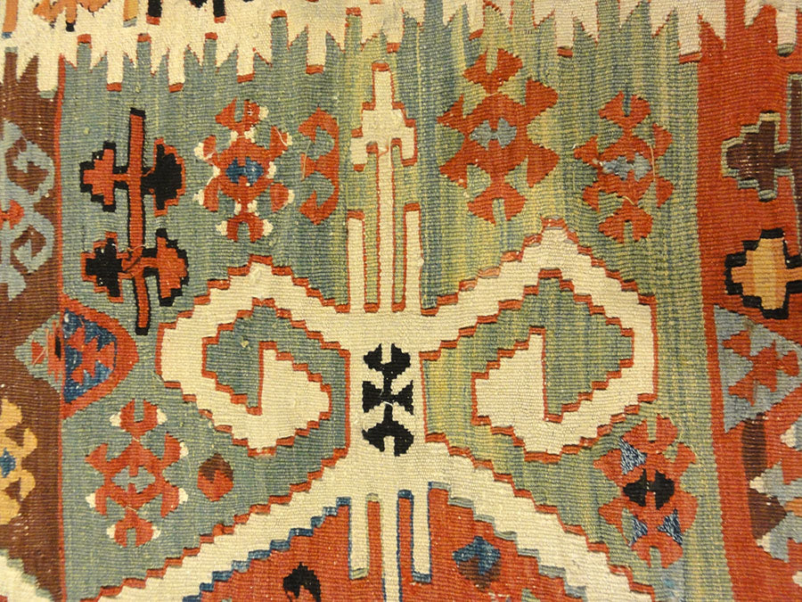 Anatolia Goddess Turkish Kelim ca Late 1700s. A piece of antique woven carpet art sold by the Santa Barbara Design Center, Rugs and More in California.