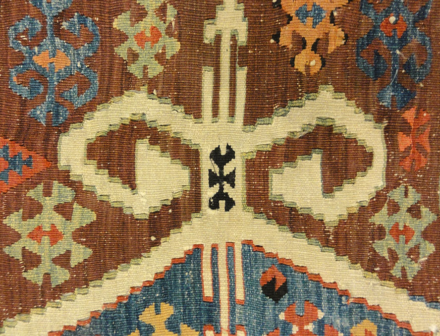 Anatolia Goddess Turkish Kelim ca Late 1700s. A piece of antique woven carpet art sold by the Santa Barbara Design Center, Rugs and More in California.
