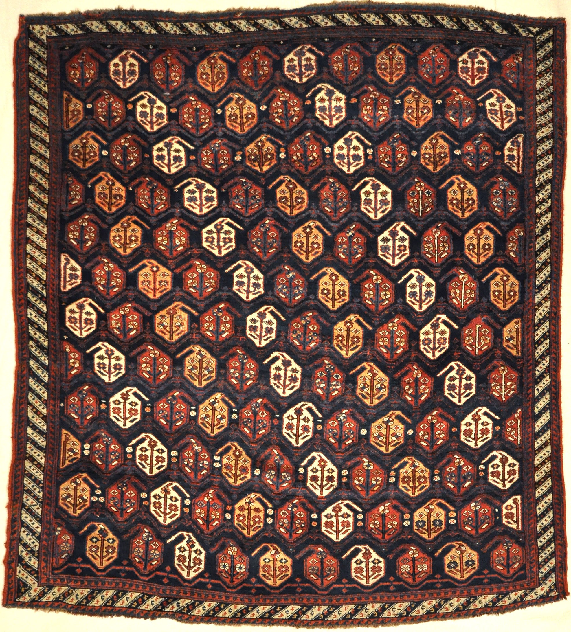 Rare 1870s Antique Boteh Afshar. A piece of authentic genuine antique woven carpet art sold by Santa Barbara Design Center, Rugs and More.