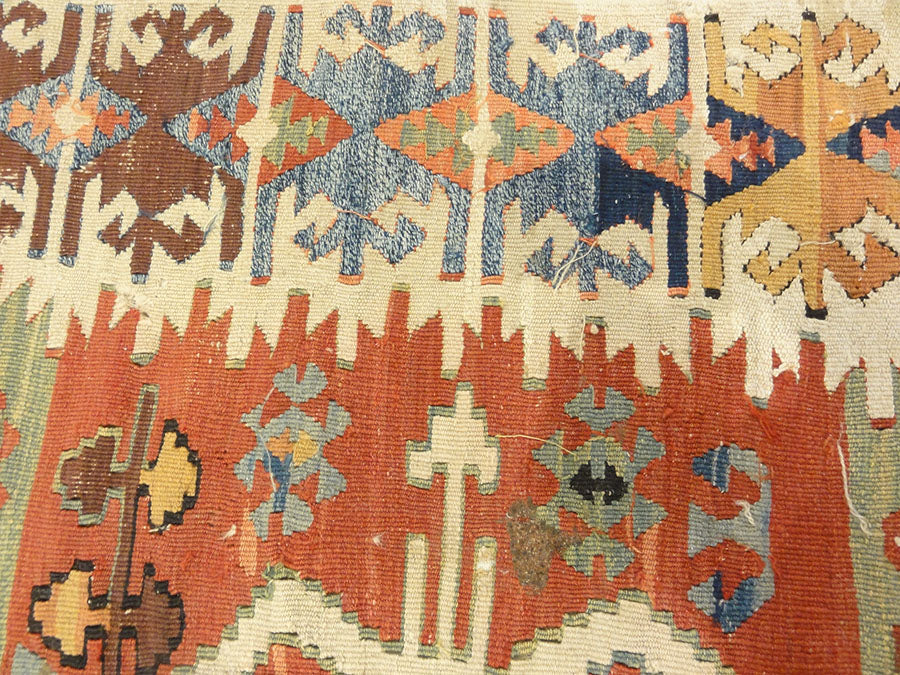 Anatolia Goddess Turkish Kelim ca Late 1700s. A piece of antique woven carpet art sold by the Santa Barbara Design Center, Rugs and More in California.