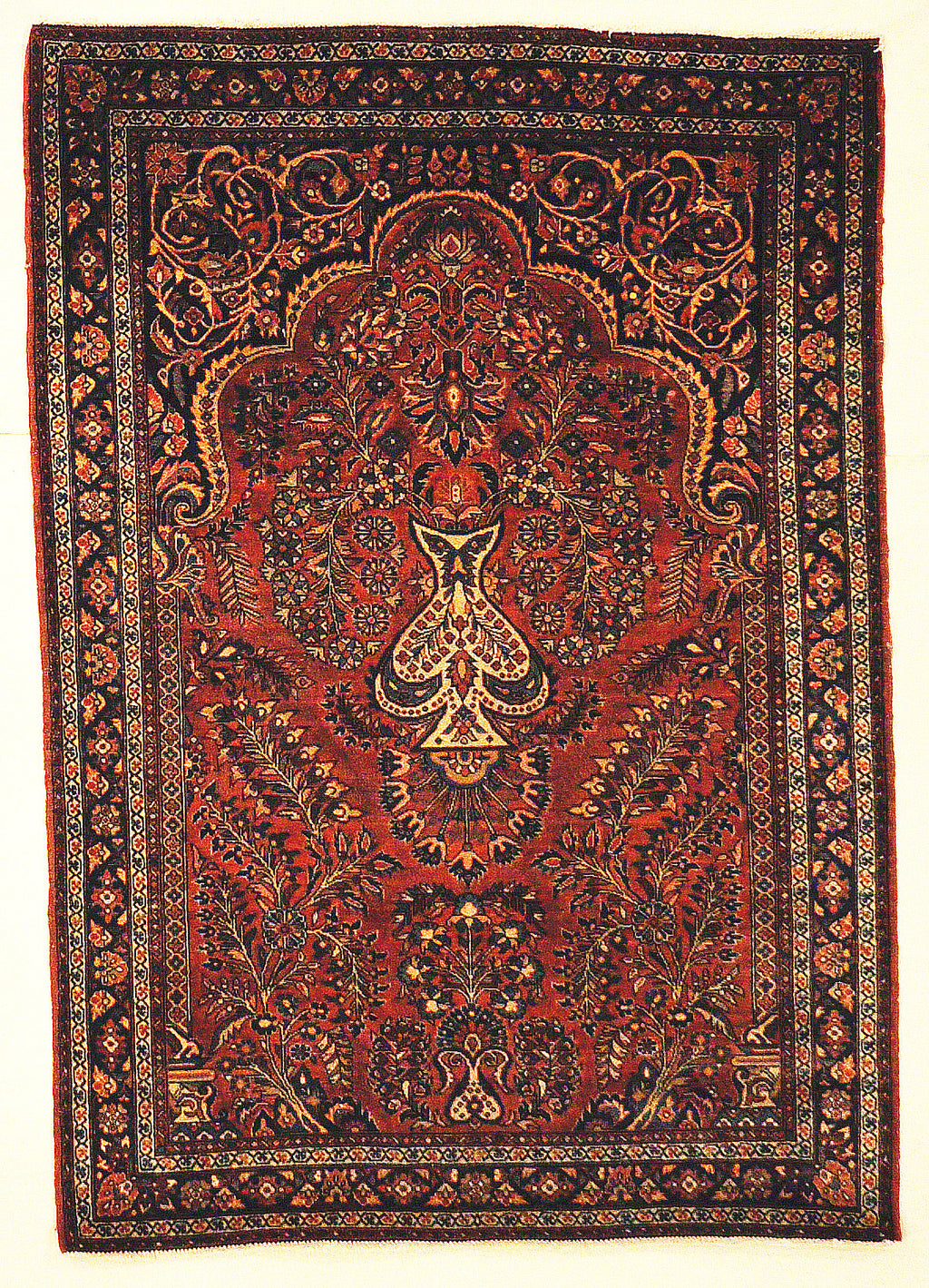 Antique Rare Persian Sarouk Prayer Rug. Genuine woven carpet art. Authentic and intricate design.