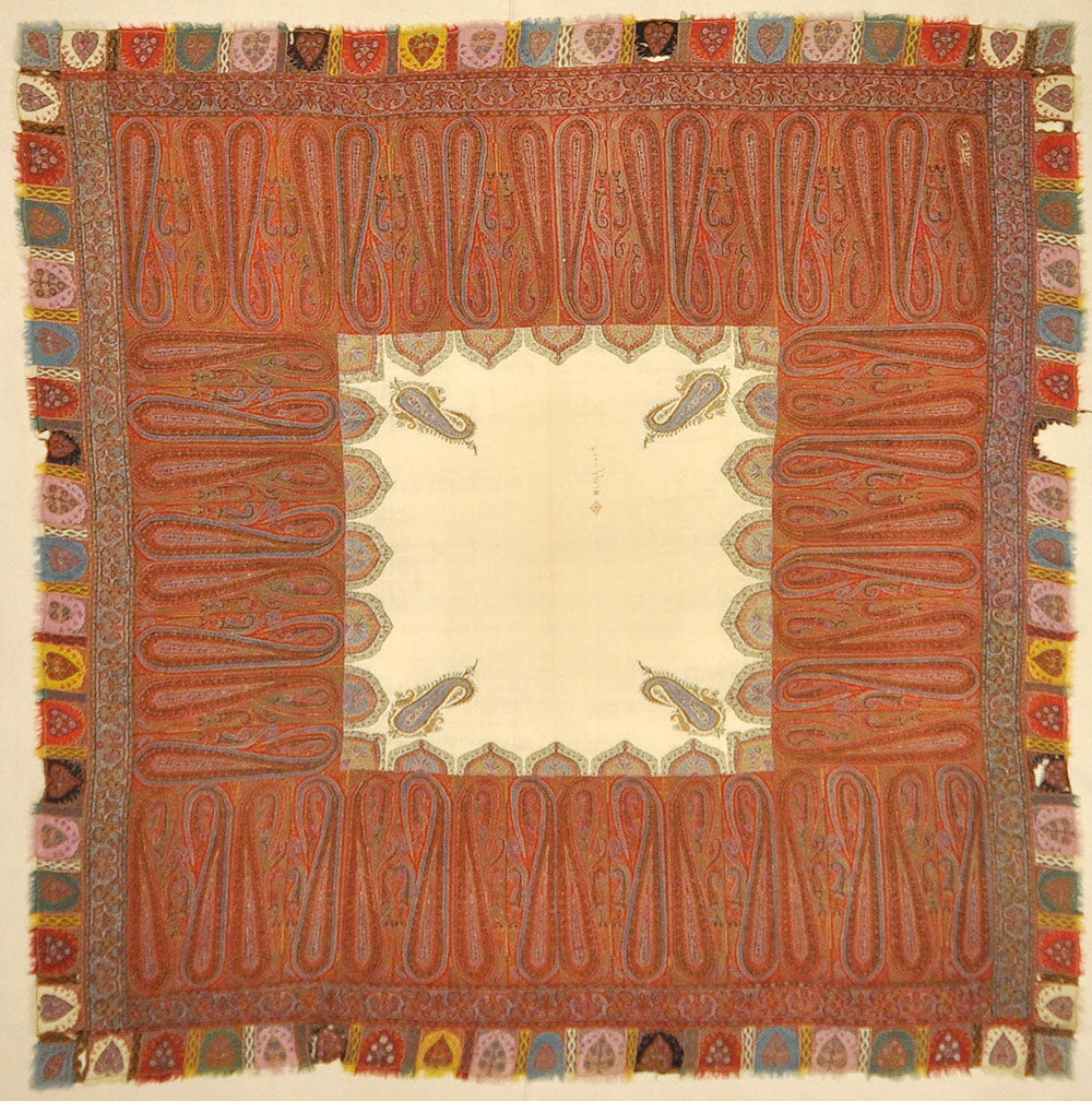 Antique Kashmiri Wool and Silk Pashmina circa 1700s. A piece of woven wool and silk art sold by Santa Barbara Design Center Rugs and More in Santa Barbara.