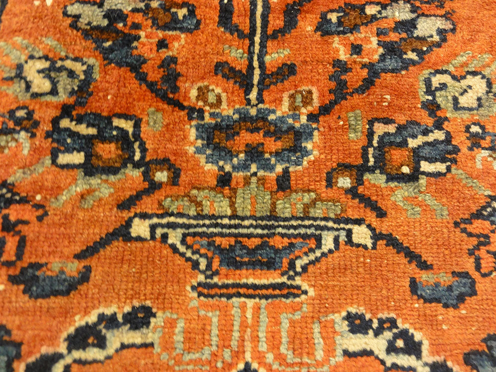 Antique Persian Malayar Vase of Flowers Bagface. A piece of genuine authentic antique woven carpet art sold by the Santa Barbara Design Center Rugs and More