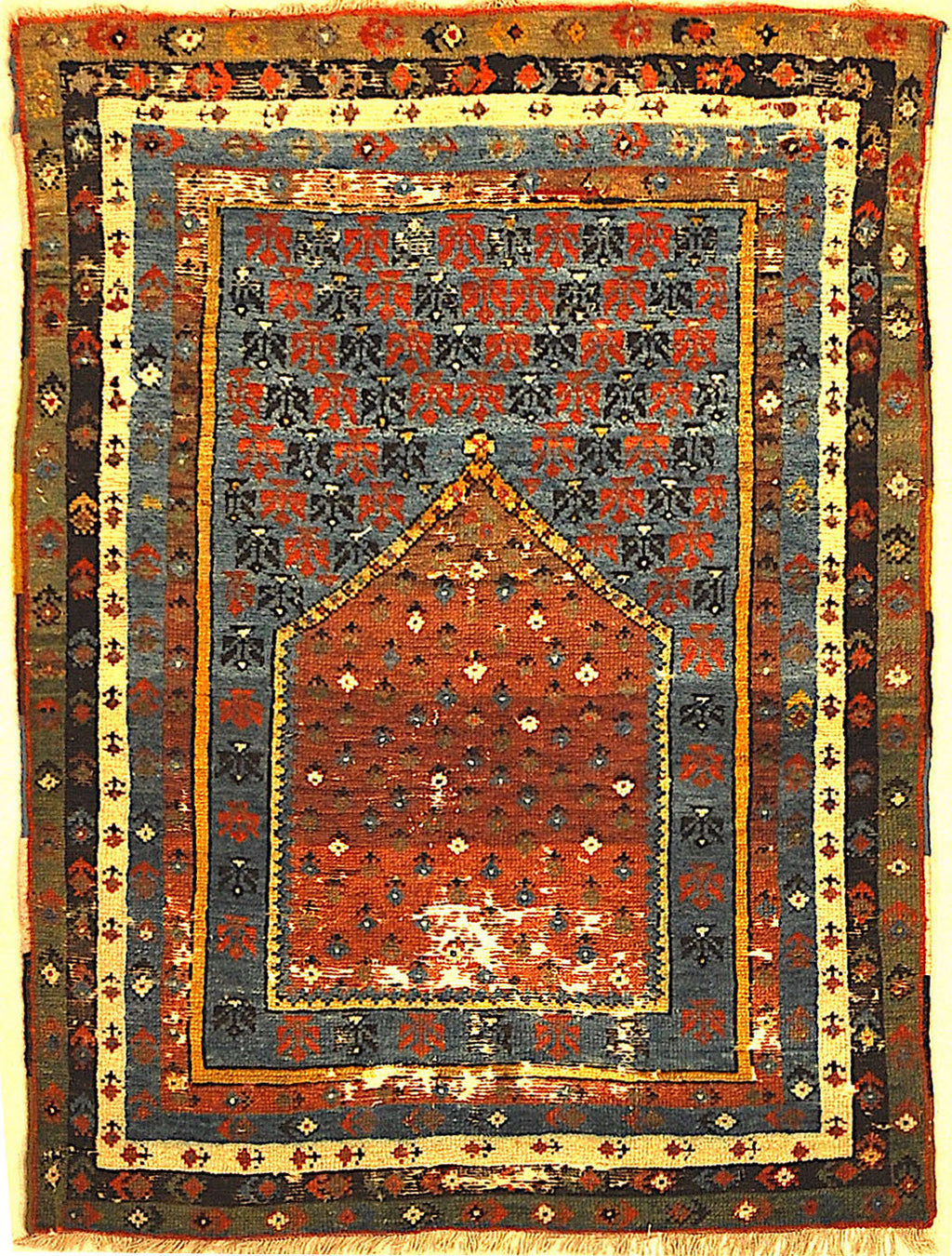 Antique Turkish Prayer Rug A piece of genuine, authentic woven carpet art sold by the Santa Barbara Design Center, Rugs and More.