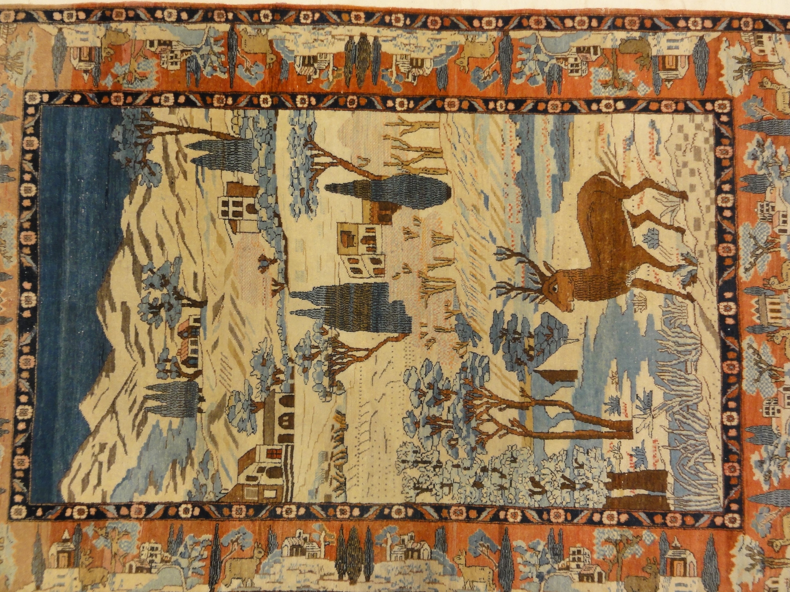 Unique Antique pictoral Kashan Circa 1870 with winter landscape and deers 30061