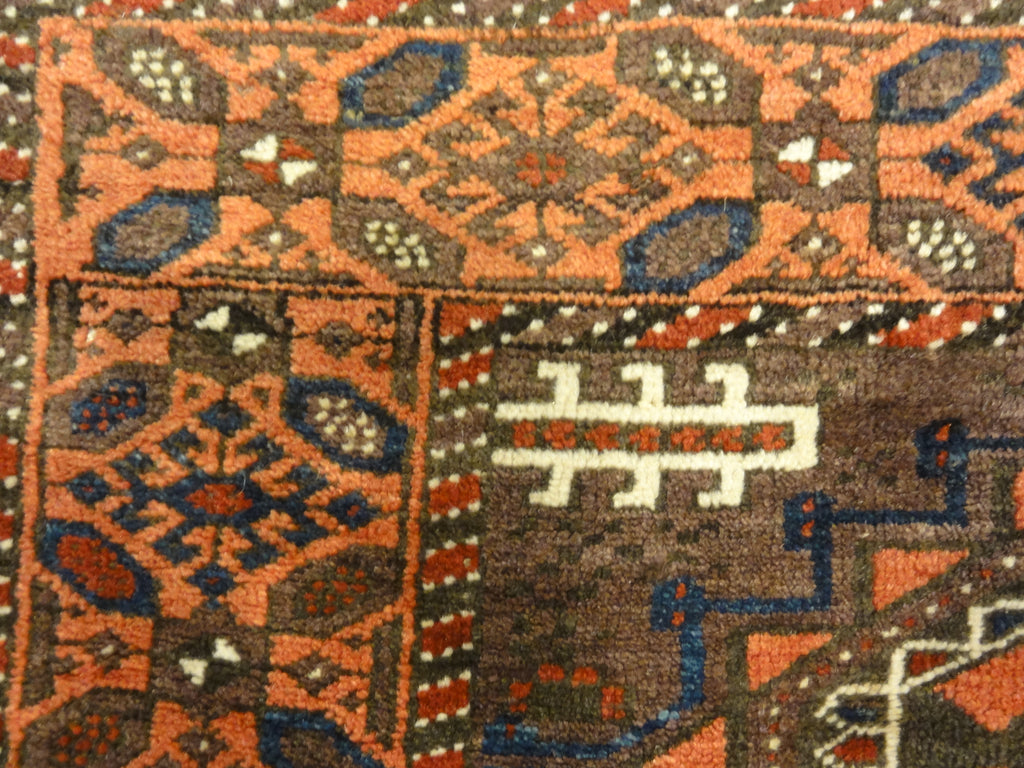 Antique Original Baluch with 3 Medallions and Unique Knotted Ends. An Afghan piece of original genuine woven carpet art sold by Santa Barbara Design Center.