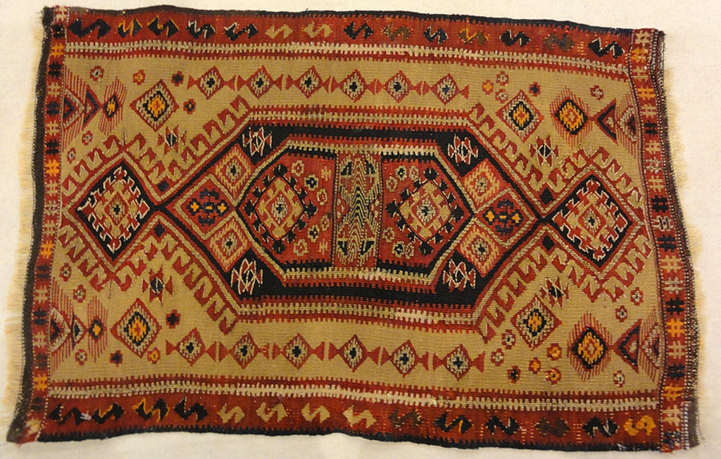 Rare Antique Yastik Woven with Metal Thread. A piece of genuine authentic woven carpet art sold by Santa Barbara Design Center, Rugs and More.