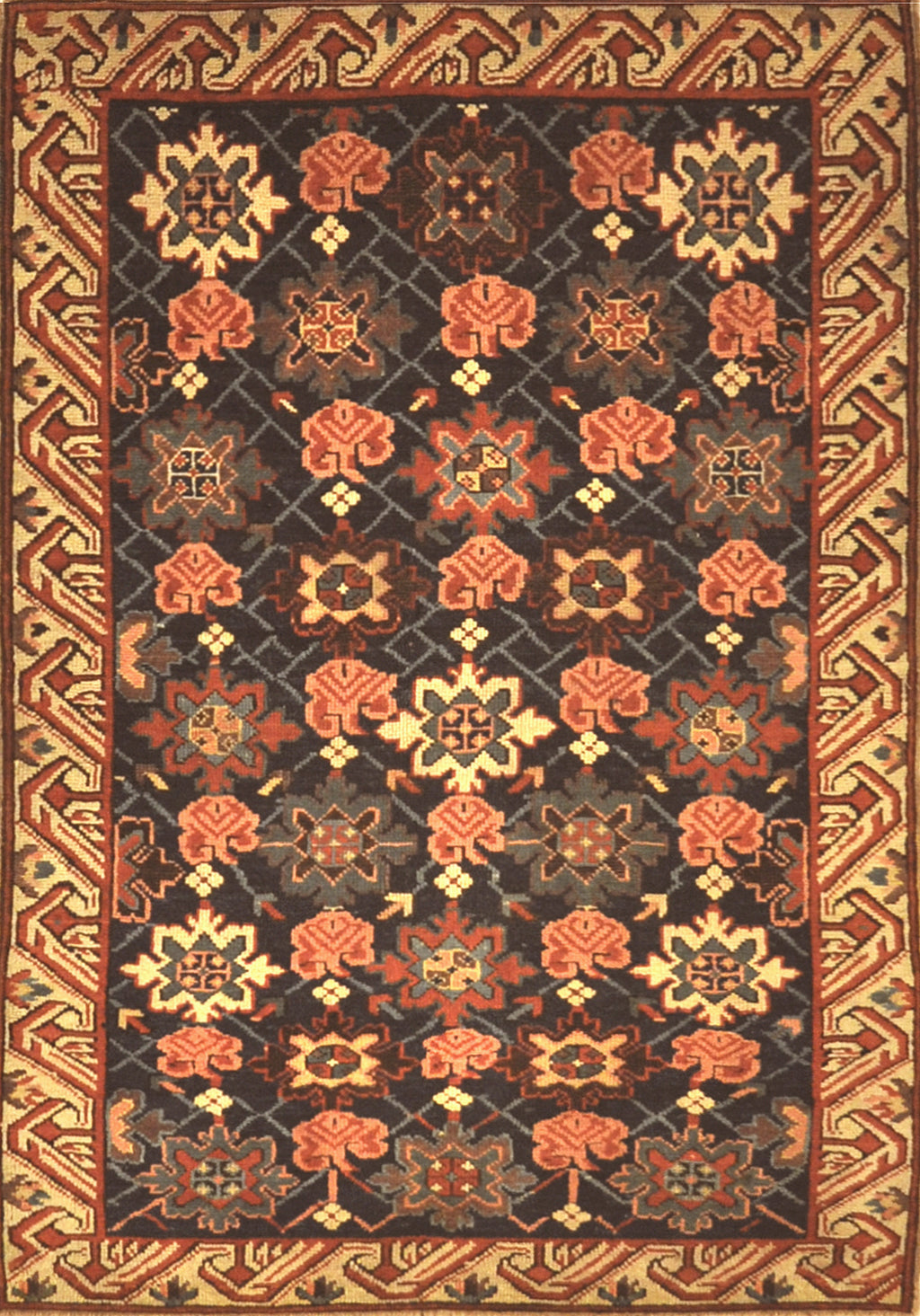 Antique Seichur Kuba Western Flowers Rug. A piece of genuine authentic antique woven carpet art sold by the Santa Barbara Design Center, Rugs and More.