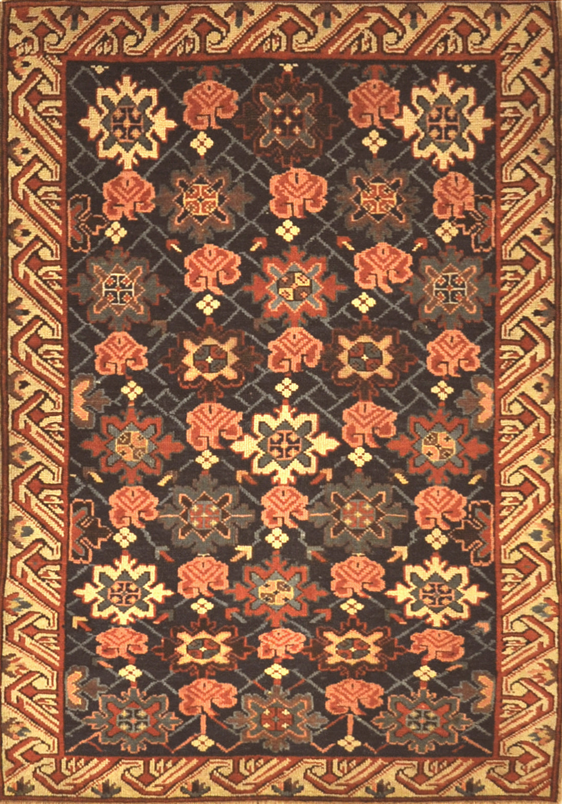Antique Seichur Kuba Western Flowers Rug. A piece of genuine authentic antique woven carpet art sold by the Santa Barbara Design Center, Rugs and More.