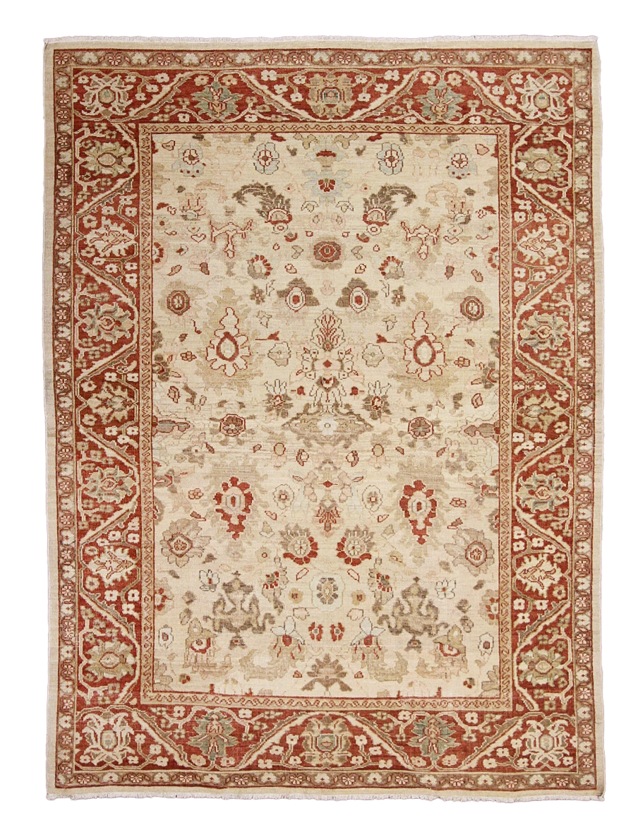 Original Ziegler &amp; Co. Sultanabad rug with intricate beige, cream, and red patterns displayed on a product page.