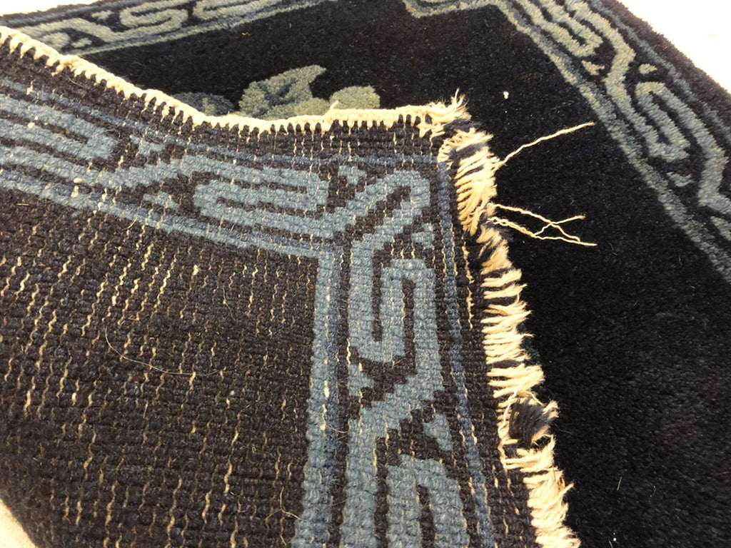 Antique Chinese Chair Cover Natural Dyed Wool. A piece of handmade antique natural dyed woven carpet art sold by Santa Barbara Design Center Rugs and More.