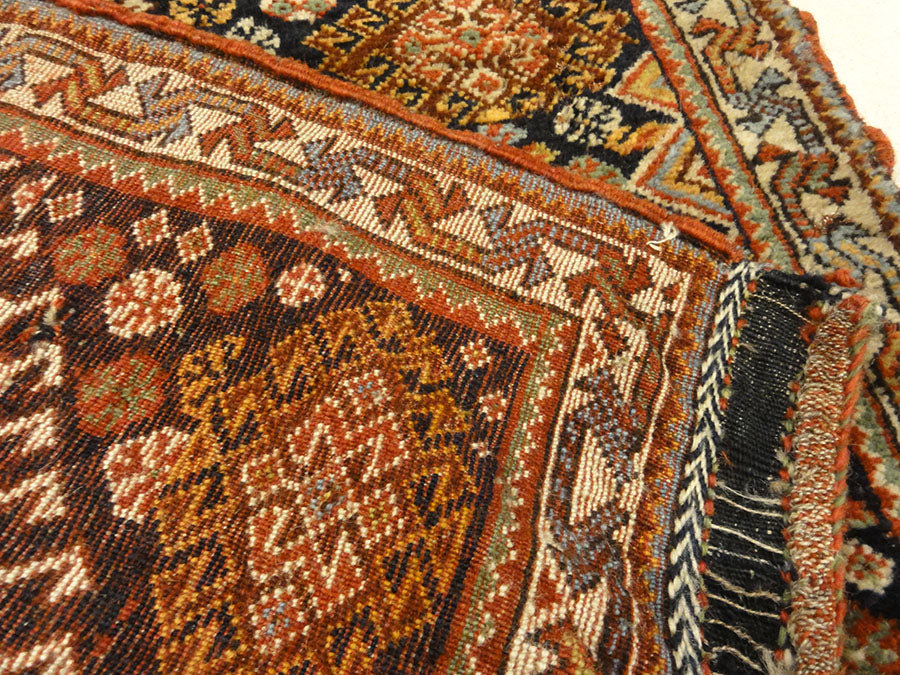 Antique Persian Khamseh Circa 1880. A piece of antique woven carpet art sold by Santa Barbara Design Center, Rugs and More in Santa Barbara, California.