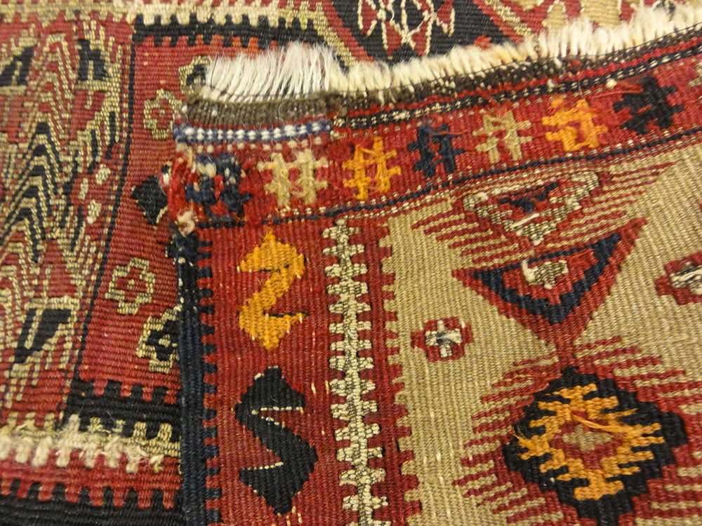 Rare Antique Yastik Woven with Metal Thread. A piece of genuine authentic woven carpet art sold by Santa Barbara Design Center, Rugs and More.