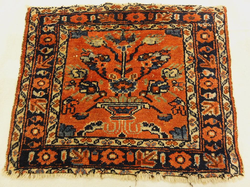 Antique Persian Malayar Vase of Flowers Bagface. A piece of genuine authentic antique woven carpet art sold by the Santa Barbara Design Center Rugs and More