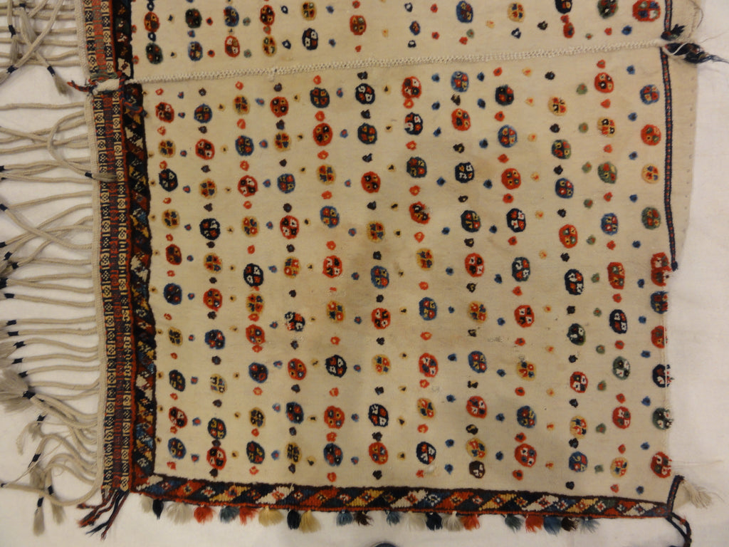 Antique Qashqai Saddle Cover. A piece of genuine authentic antique woven carpet art sold by the Santa Barbara Design Center Rugs and More.