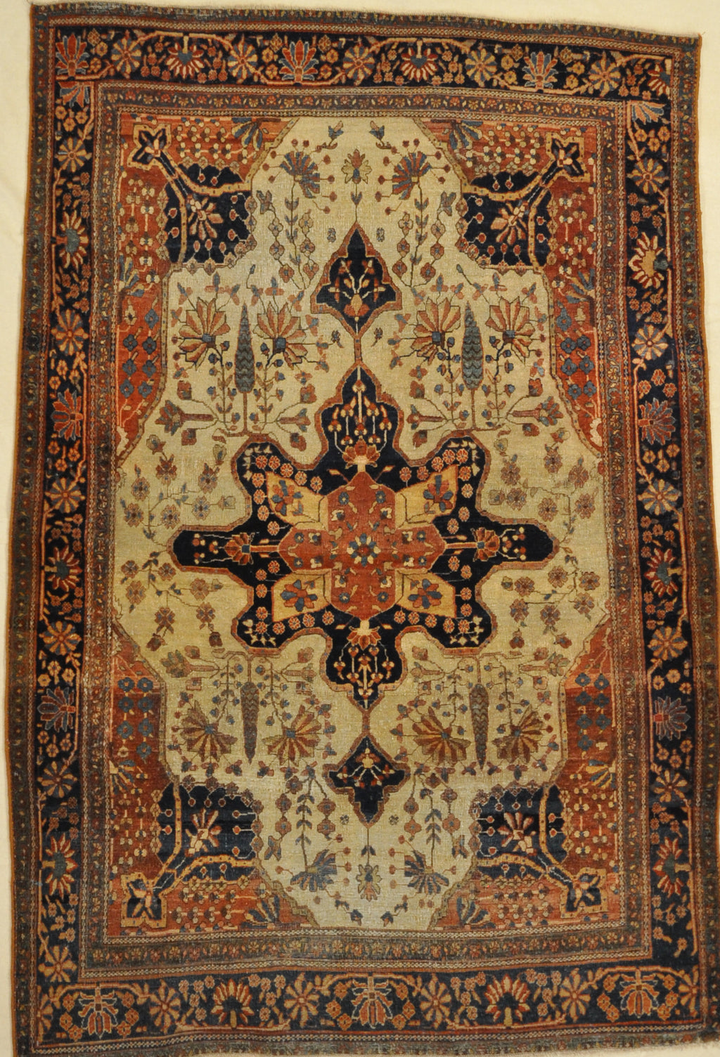 Antique Farahan Rug. A piece of woven carpet art sold by the Santa Barbara Design Center, Rugs and More in Santa Barbara, California.